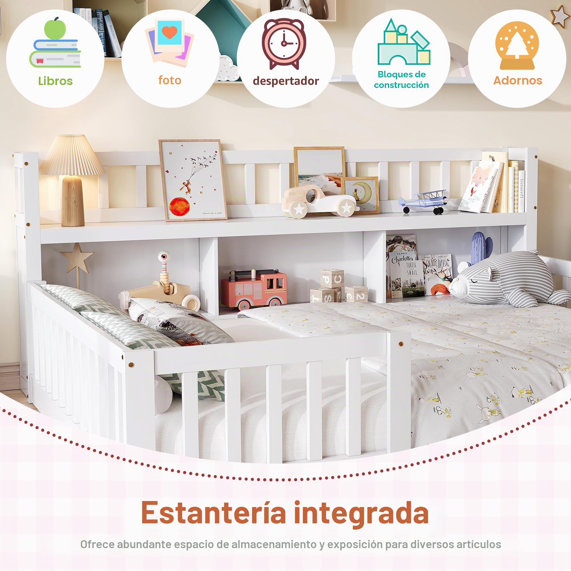 Cama en el suelo Montessori para niños, 140 x 200 cm, cama de suelo de madera con biblioteca integrada y guardabarros, cama infantil en el suelo con somier de láminas, blanco (sin colchón)