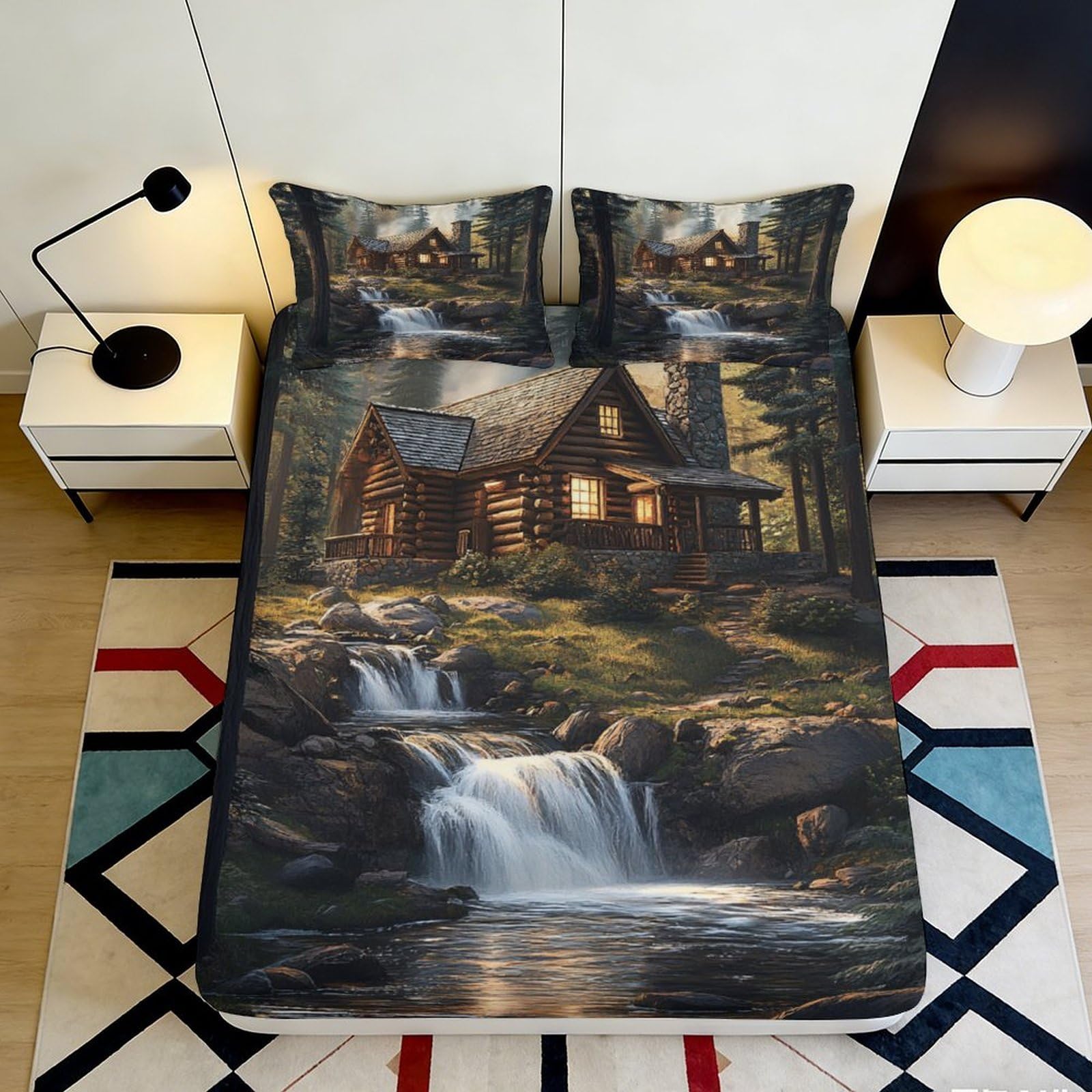 3D Printed Cabin Waterfall Fitted Sheet Microfiber Slip-Resistant Bed Cover for Bedroom Dorm Mattress Decor 90x200x25cm