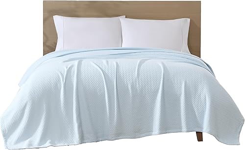 Beatrice Home Fashions GOTS Certificada Manta de Peso Medio 100% Algodón Orgánico, Manta Suave y Acogedora para Cama, Sofá, Sillón, Silla, Azul Hielo