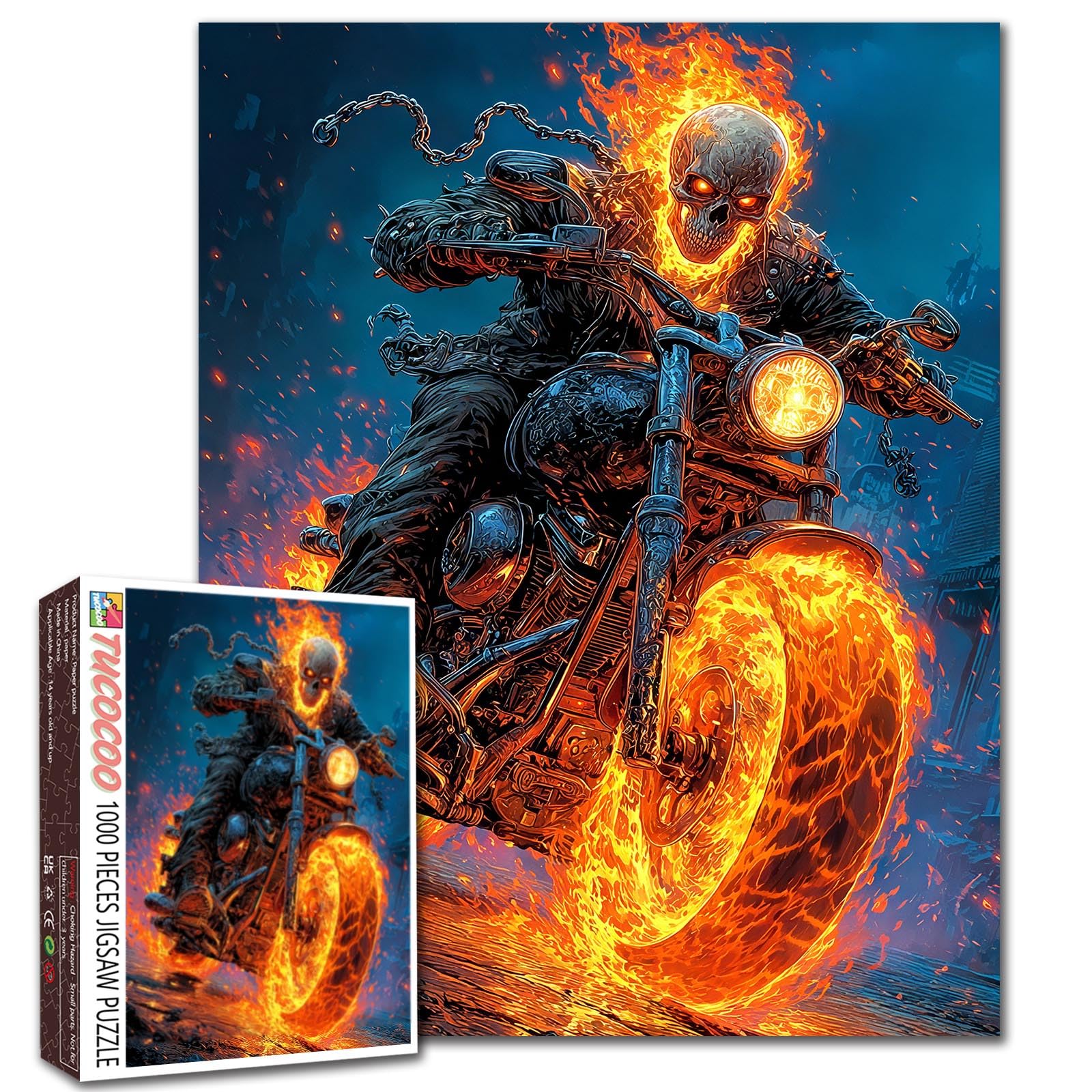 Skull Motorcycle Rider 1000 Piece Jigsaw Puzzles for Adults Abstract Fire Motor Bike Painting Jigsaw Puzzle Motorcyclist Puzzles for Challenging Family Activity Nordics Art DIY Puzzle Decor Gifts