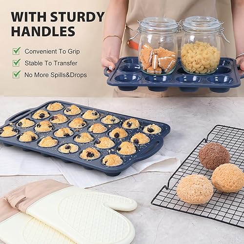 Miniatura 5 de Paquete de 2 moldes de silicona para magdalenas de 12 y 24 tazas con marco de metal, mini molde de silicona antiadherente con asas, bandeja de lata