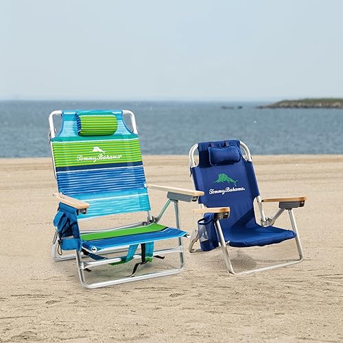 Miniatura 6 de Tommy Bahama Silla de playa plegable con mochila plana de 5 posiciones para niños, color azul marino sólido ondulado Marlin