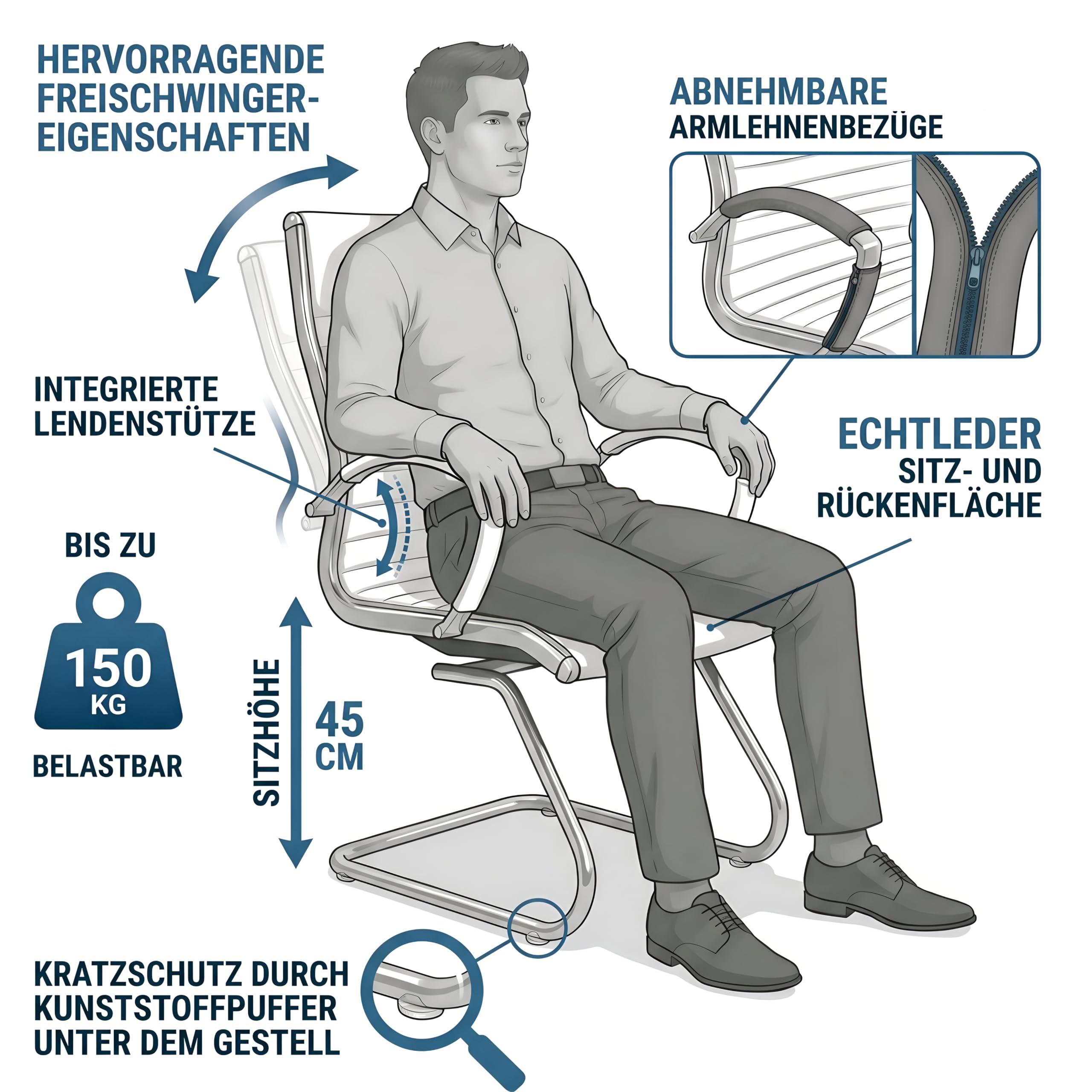 VERSEE Besucherstuhl Montreal aus Echtleder, Schwarz, Sitzhöhe 45 cm | Moderner Konferenzstuhl für Büro, Besprechungs- und Wartezimmer, ergonomisch gestaltet und stabil