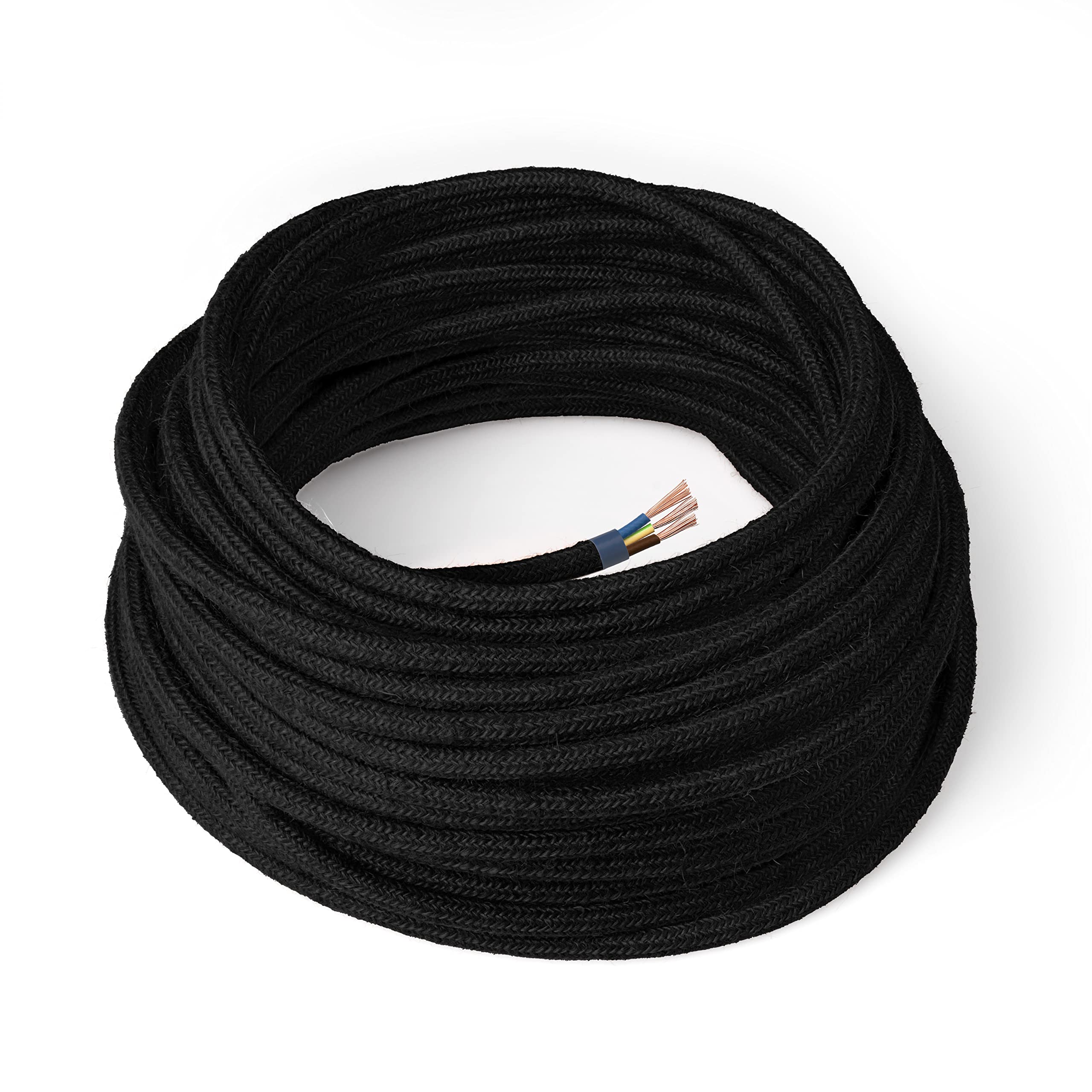 Amarcords - Cable de tela color NEGRO, redondo, yute, 20 metros, con tierra 3x0,75 - Hilo eléctrico textil de color estilo clásico para lámparas bricolaje y iluminación vintage.
