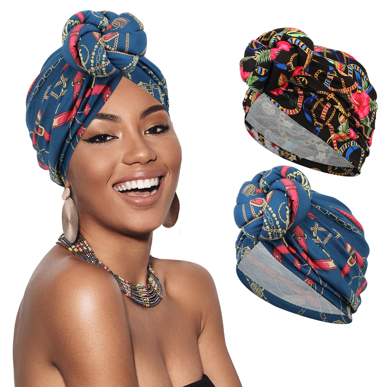 XEPST 2 Piezas Turbantes para Mujer, Africano Turbante para Mujere, Cancer Pañuelos Cabeza Mujer Gorros de Dormir Gorro Turbante Pelo para Pérdida de Pelo, Negro, Azul