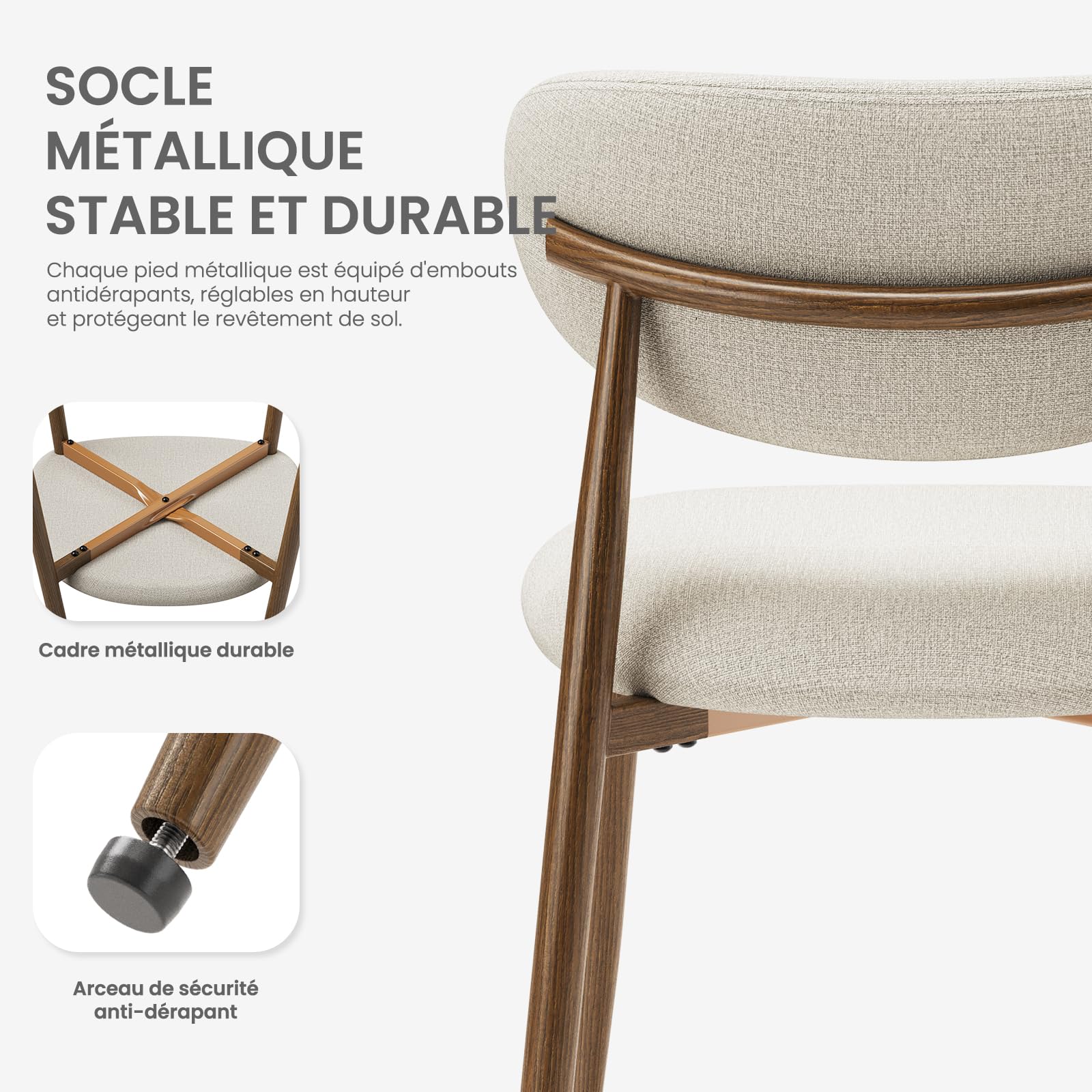 COLAMY Lot de 4 chaises de Cuisine et de Salle à Manger, chaises Modernes rembourrées avec Dossier Fixe, Assise en Tissu et Pieds métalliques, pour Salle à Manger, Cuisine, Restaurant, Couleur Beige