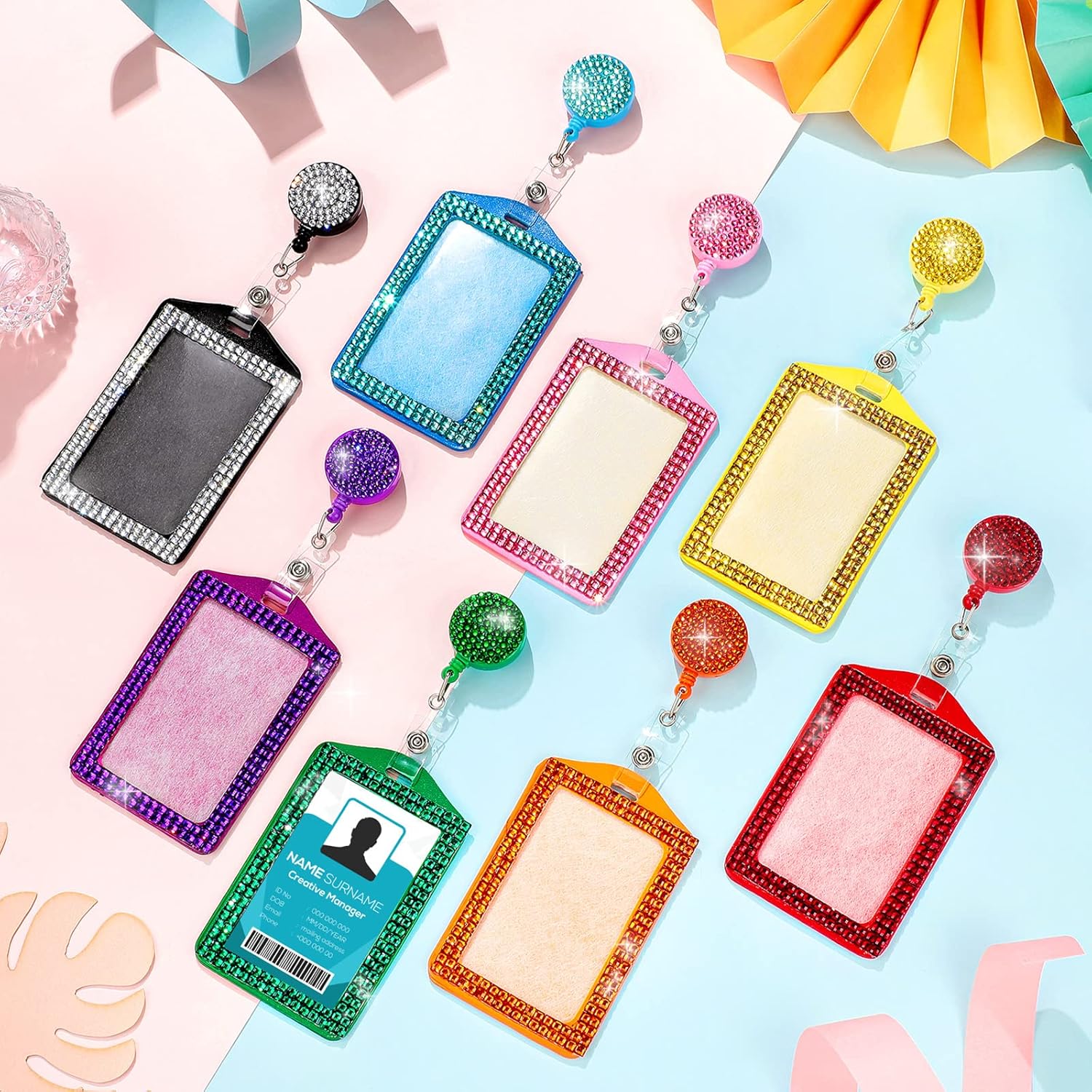 Spakon 8 Pieces Rhinestone Badge Holder Bling ID Card Crystal Cute Badge Holder Retractable Reel Clip Vertical ID Card for Office Business Home Nurses, 8 Colors(Vertical)