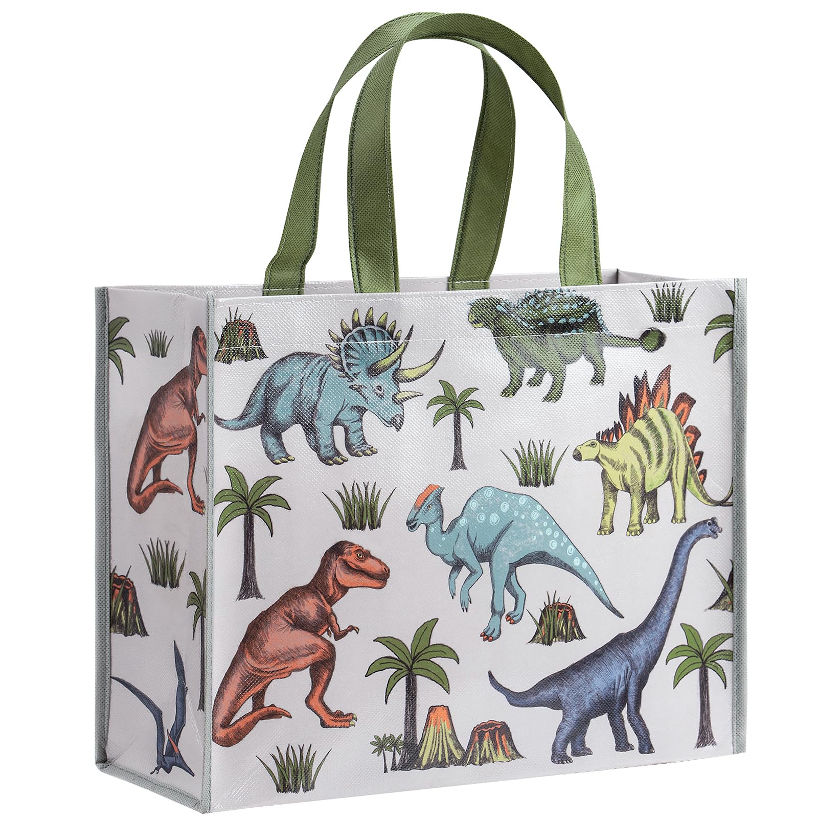 Loveinside 13" Large Dinosaur Reusable Gift Bag, Colorful Dinosaur & Palm Tree Design Recycled Party Favor Gift Bag for Birthday, Dino Theme Party, Holiday, Shopping, 13" x 5" x 10", 1 Pcs