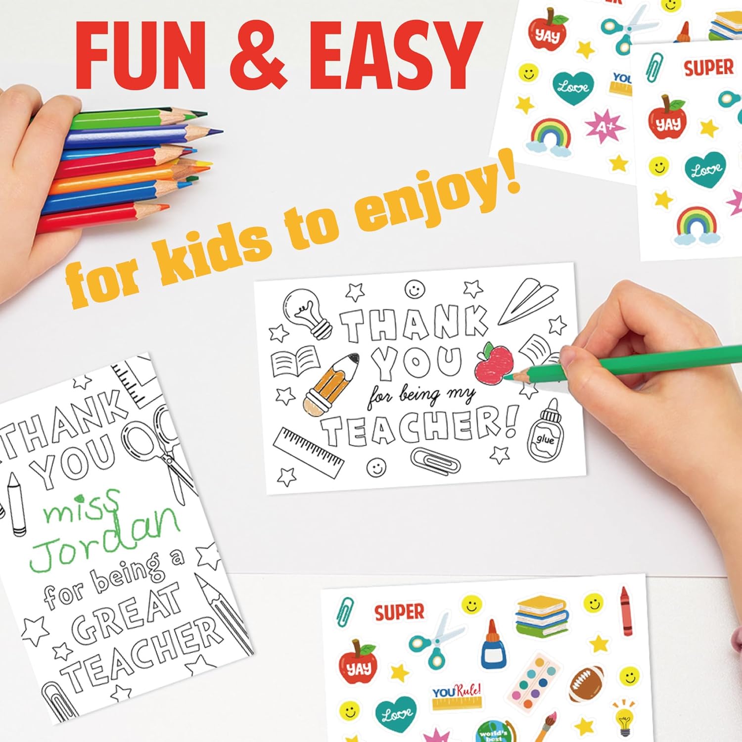 Gooji 4x6 Kids Teacher Appreciation Cards Teacher Thank You Cards with Stickers for Coloring and Fun DIY Project School Classroom Gift Elementary Kindergarten Preschool 10 Pack, from Student - Image 5