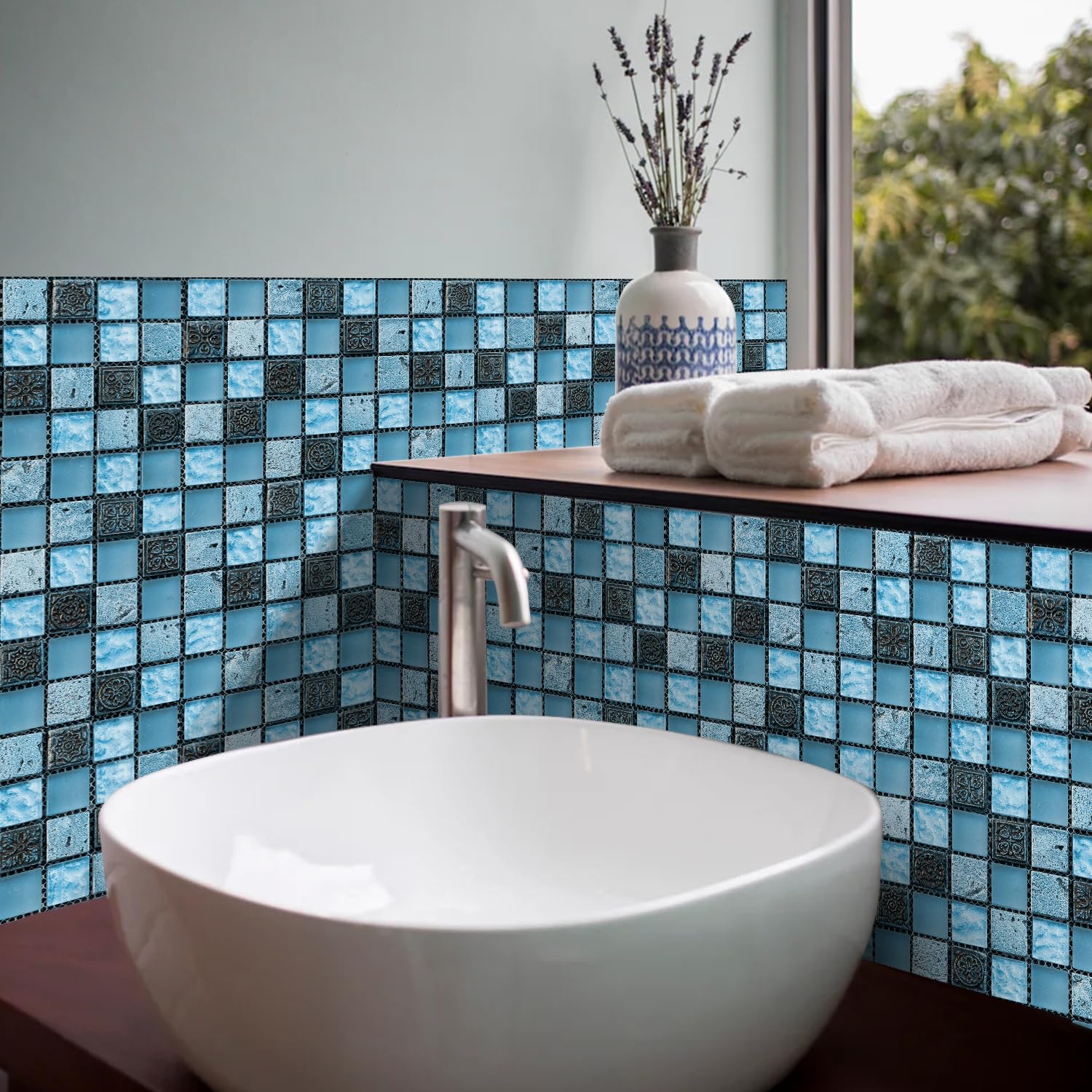 Carrelage adhésif décoratif raffiné effet marbre bleu mosaïque pour salle de bain, cuisine et décoration intérieure. PVC imperméable et résistant à l'huile. Facile à poser et à décoller. Lot de 30 (15