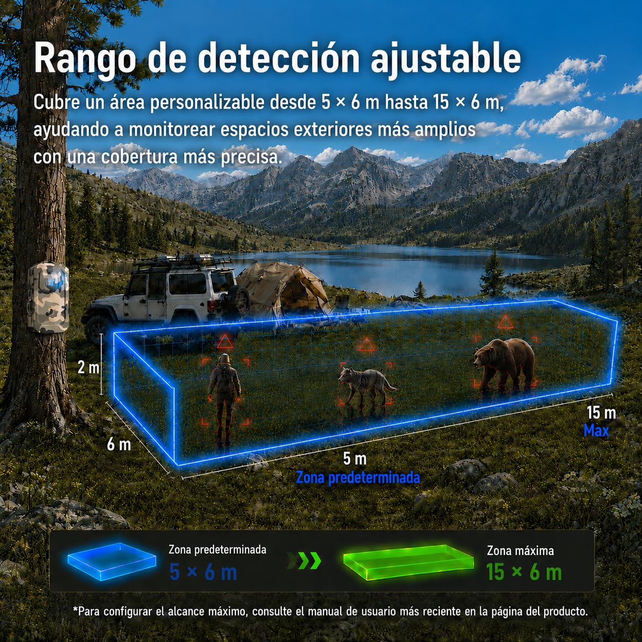 LETWESAF Sensor Radar para Alarma perimetral Camping, Camuflaje | Radar de 24 GHz detecta movimiento; alcance inalámbrico de 800 m, recargable e IP66 – para camping, autocaravana y propiedad.