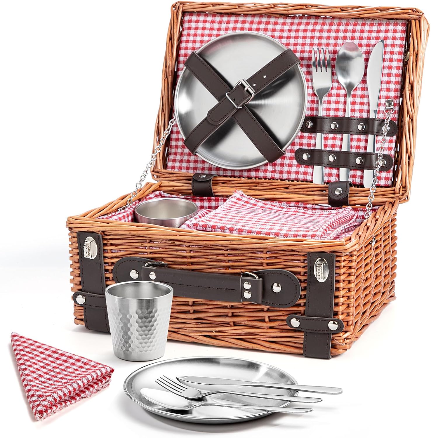 Picnic Basket Set for 2, Wicker Picnic Baskets with Waterproof Blanket and Cutlery Service Kit, Willow Hamper for Camping, Outdoors, Valentine's Day, Christmas, Birthday, Wedding Gift