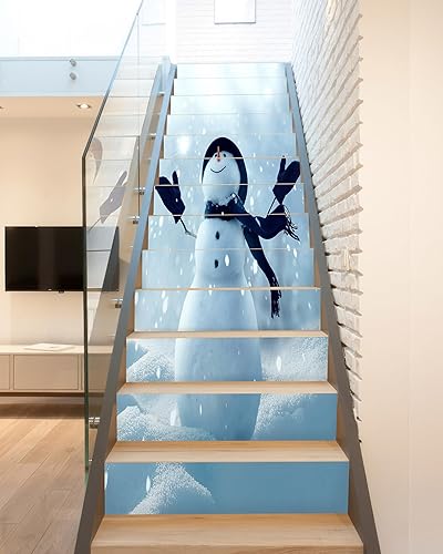 FLFK Calcomanías navideñas para elevar escaleras – Muñeco de nieve con sombrero negro, bufanda y guantes extendidos en nieve, juego de 13, tamaño