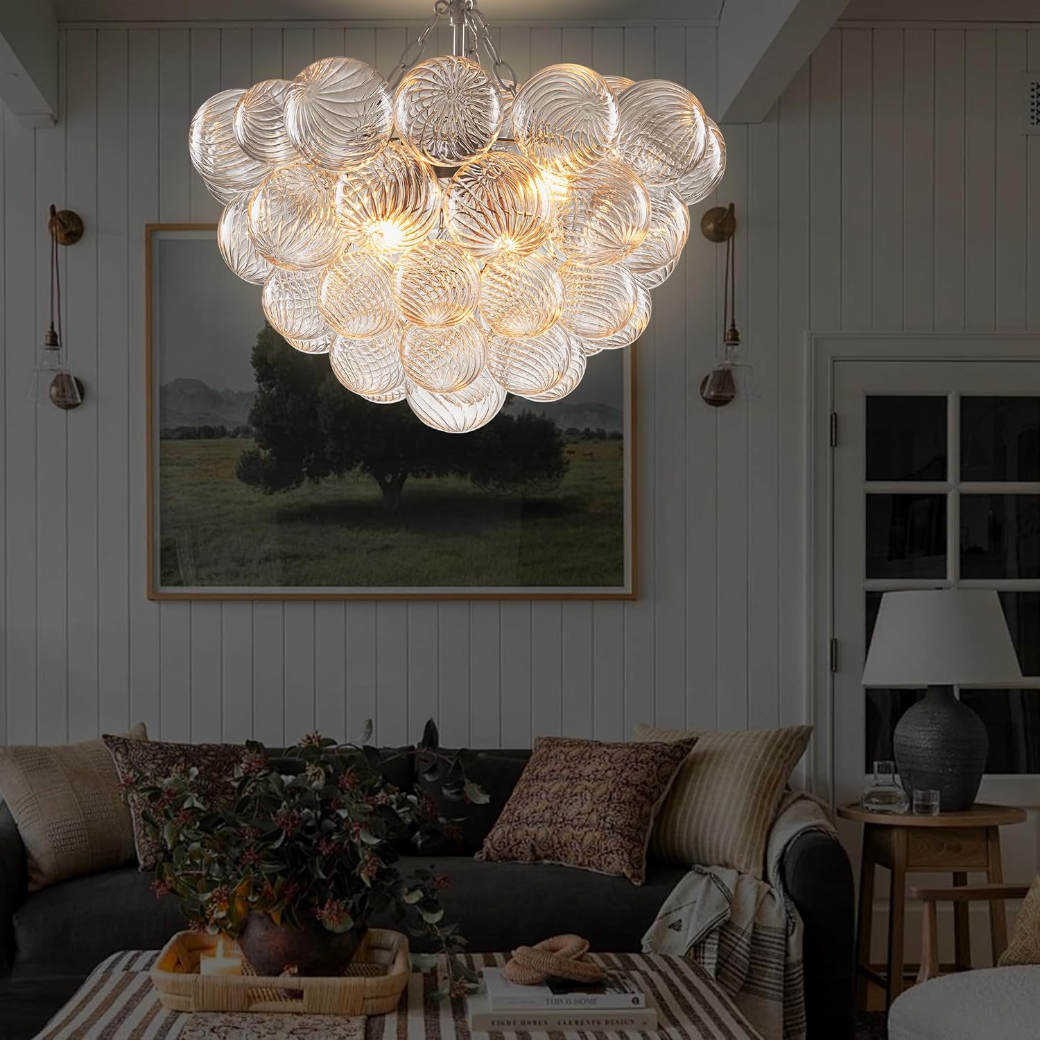 Hand Blown Glass Bubble Ball Chandelier Nickel-Plated 20" Small Pendant Lights Swirled Art Deco Cluster Ribbed Globe Blown Glass Chandeliers for Dining Room Bathroom Entry Bedroom