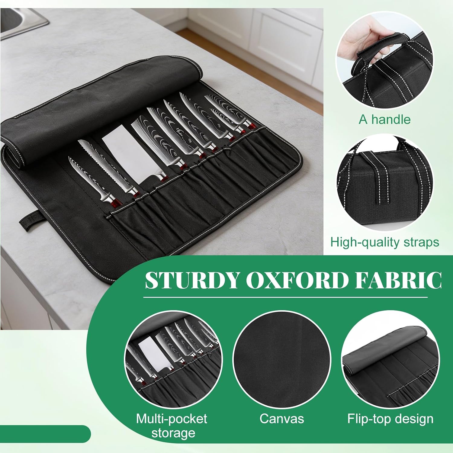 Knife Bag, Chef's Knife Roll Bag, Knife Bag, Chef's Knife, 9 Compartments, Made of Oxford Fabric, Rollable Knife Bag for Kitchen, Camping, for Chefs and Cooking Enthusiasts, Black image 3