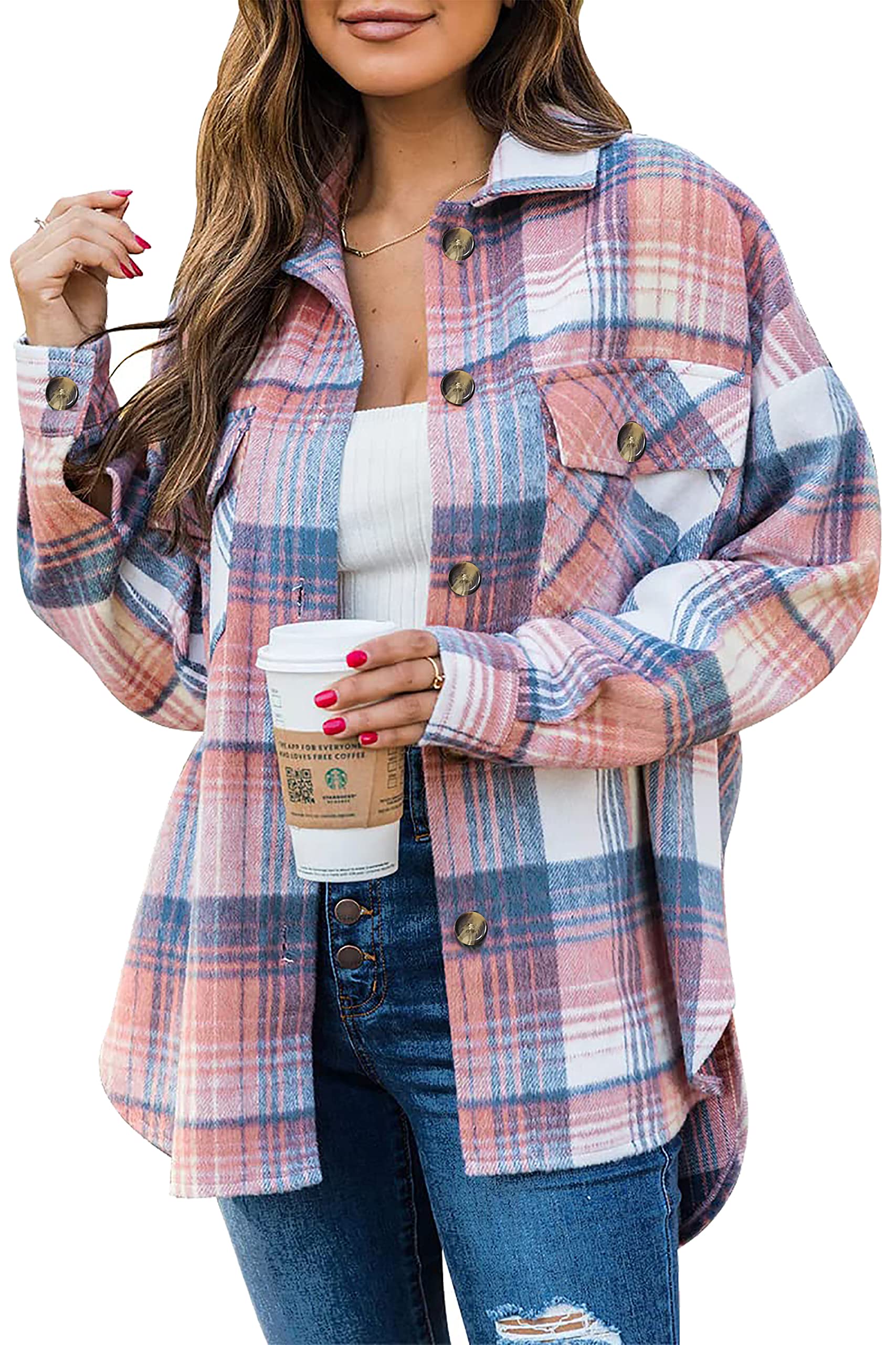 JhsnjnrWomen's Flannel Checked Shirts Oversized Long Sleeve Plaid Button Up Jackets Shacket