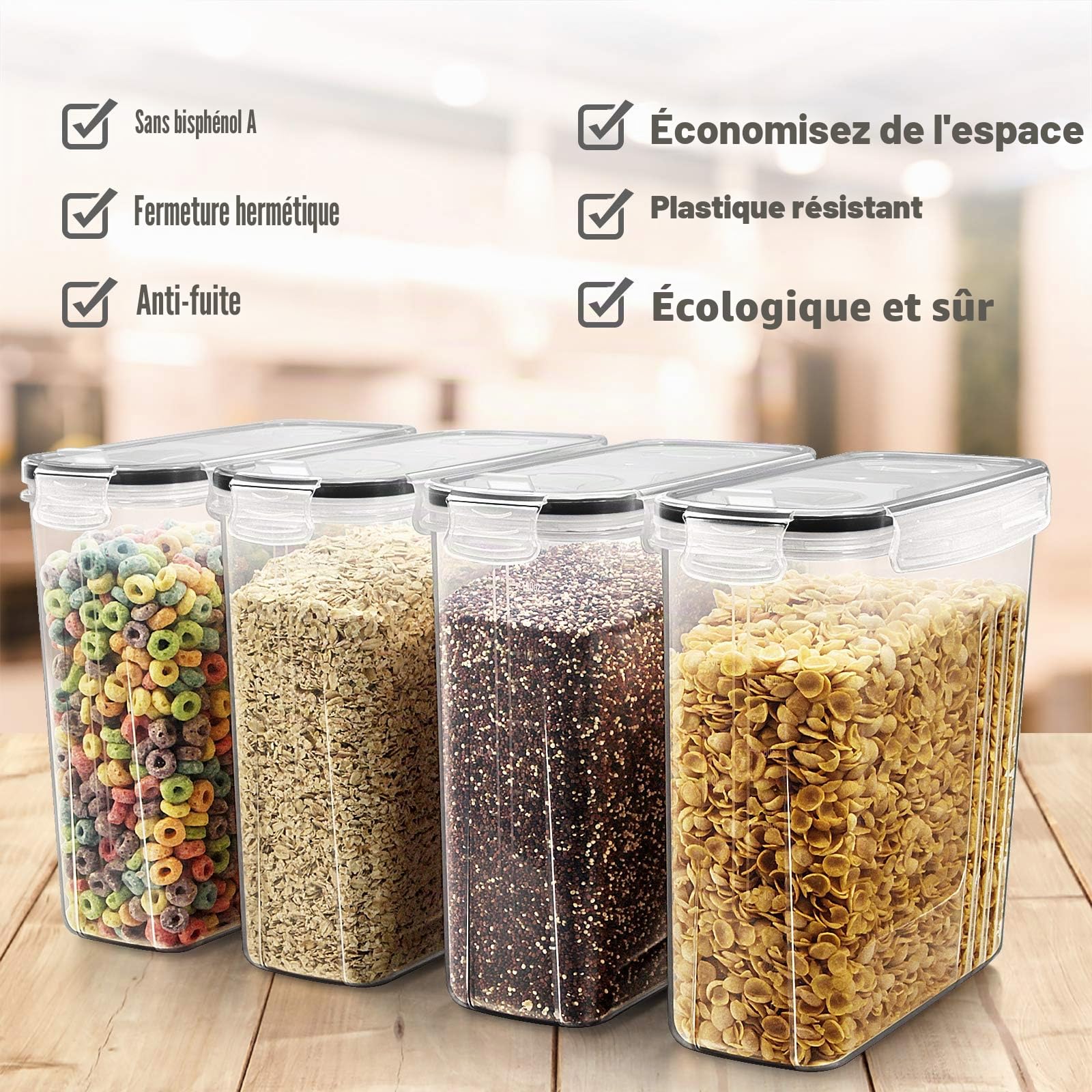 Wildone – Ensemble de 6 récipients hermétiques avec contenance de 4 L et couvercle anti-fuites noir pour céréales et aliments secs (sucre, farine, etc.)