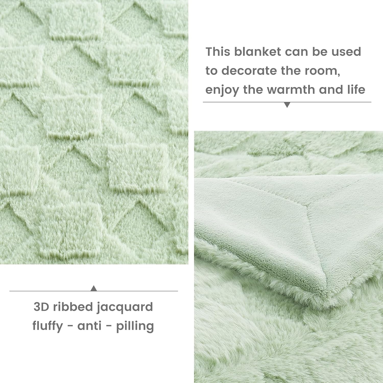 Cozy Bliss Faux Fur Textured Throw Blanket for Bed Super Soft Fuzzy Checkered Couch Blanket Gift for Women Premium 3D Jacquard All Season Use Sage Green Geom 60"*80" - Image 6