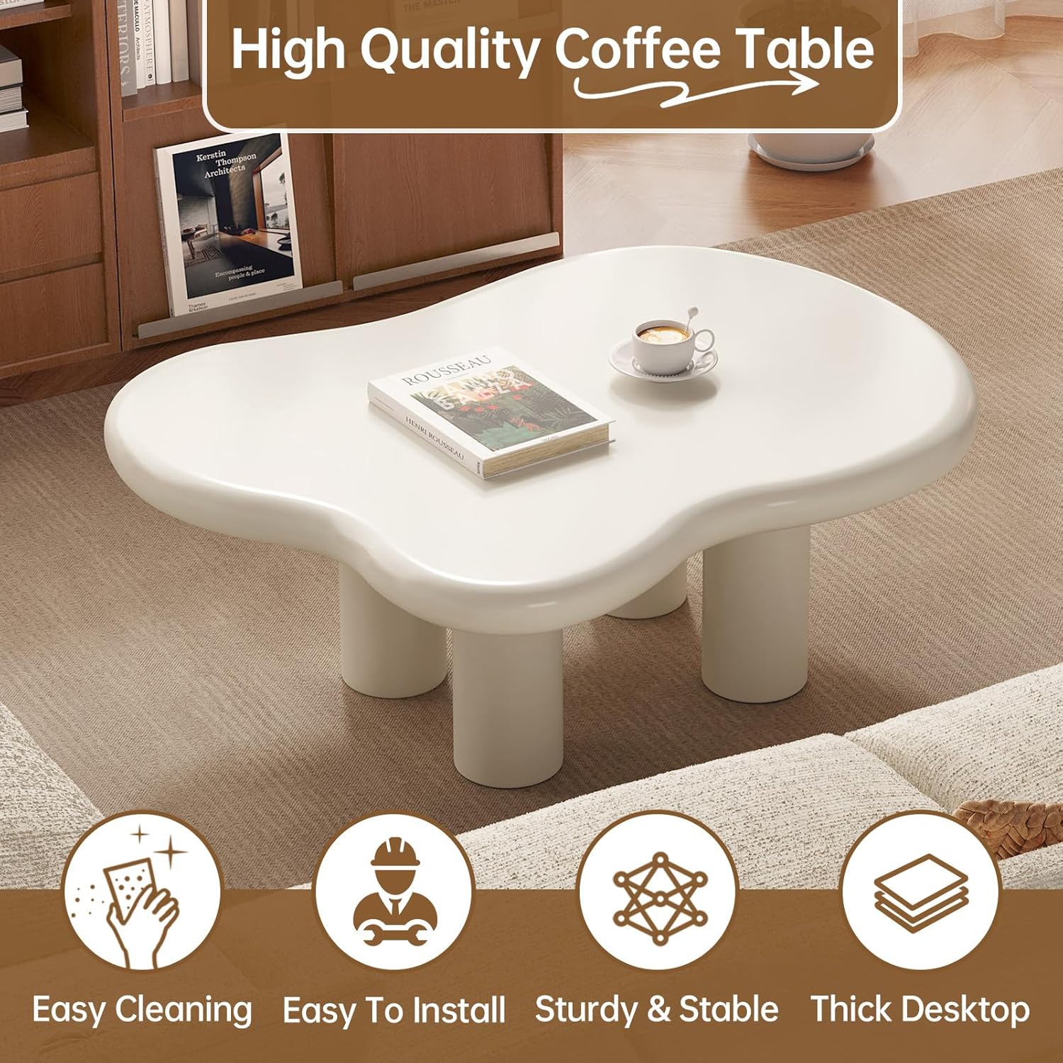 Guyii 35.43" Cloud Coffee Table, Cream White Coffee Table for Living Room, Cartoon Irregular Indoor Tea Table, Modern End Table with 4 Legs 35.43 Inch White