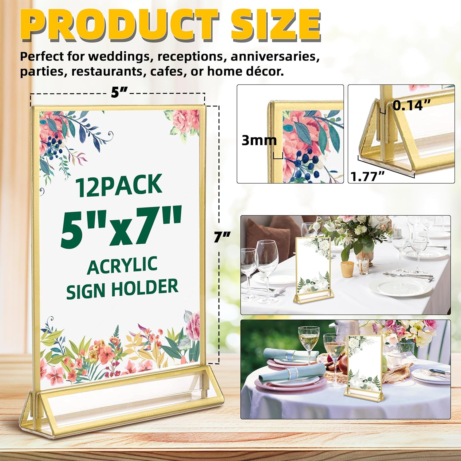 TonGass 12-Pack 5"x7" Gold Acrylic Picture Frames – 3mm Gold Border Wedding Table Number Holders, Clear Double-Sided Acrylic Sign Holders for Weddings, Banquets, Parties, Centerpieces 5"x7"-12pk