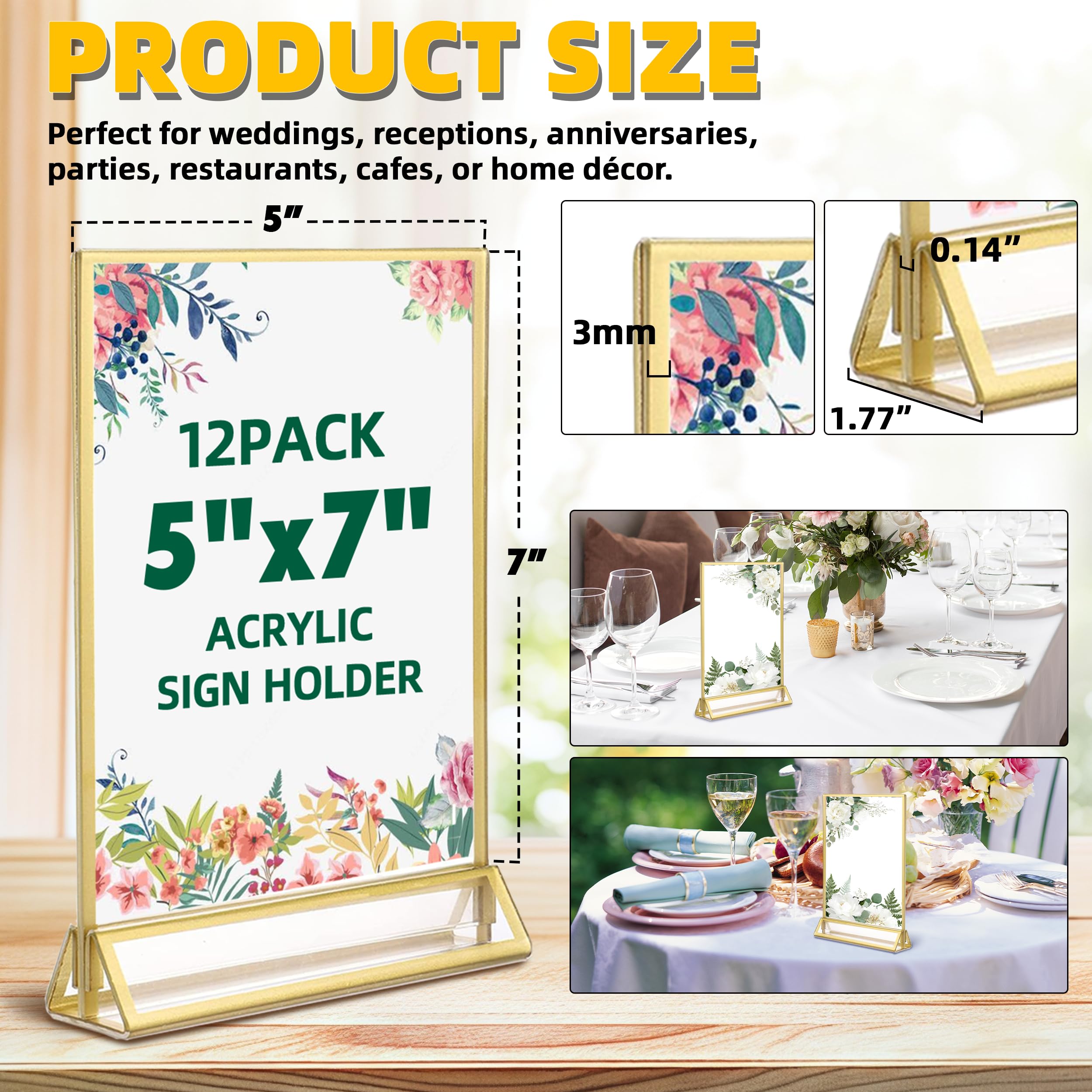 TonGass (12er-Pack 12 x 17,8 cm Standard doppelseitige Acryl Hochzeit Tisch Zahlen Bilderrahmen, klare Schilderhalter mit 3 mm goldfarbenem Rand und vertikalem Ständer | Tischnummernhalter, transparent, doppelseitig, Acryl, für Hochzeiten, Bankette, Party
