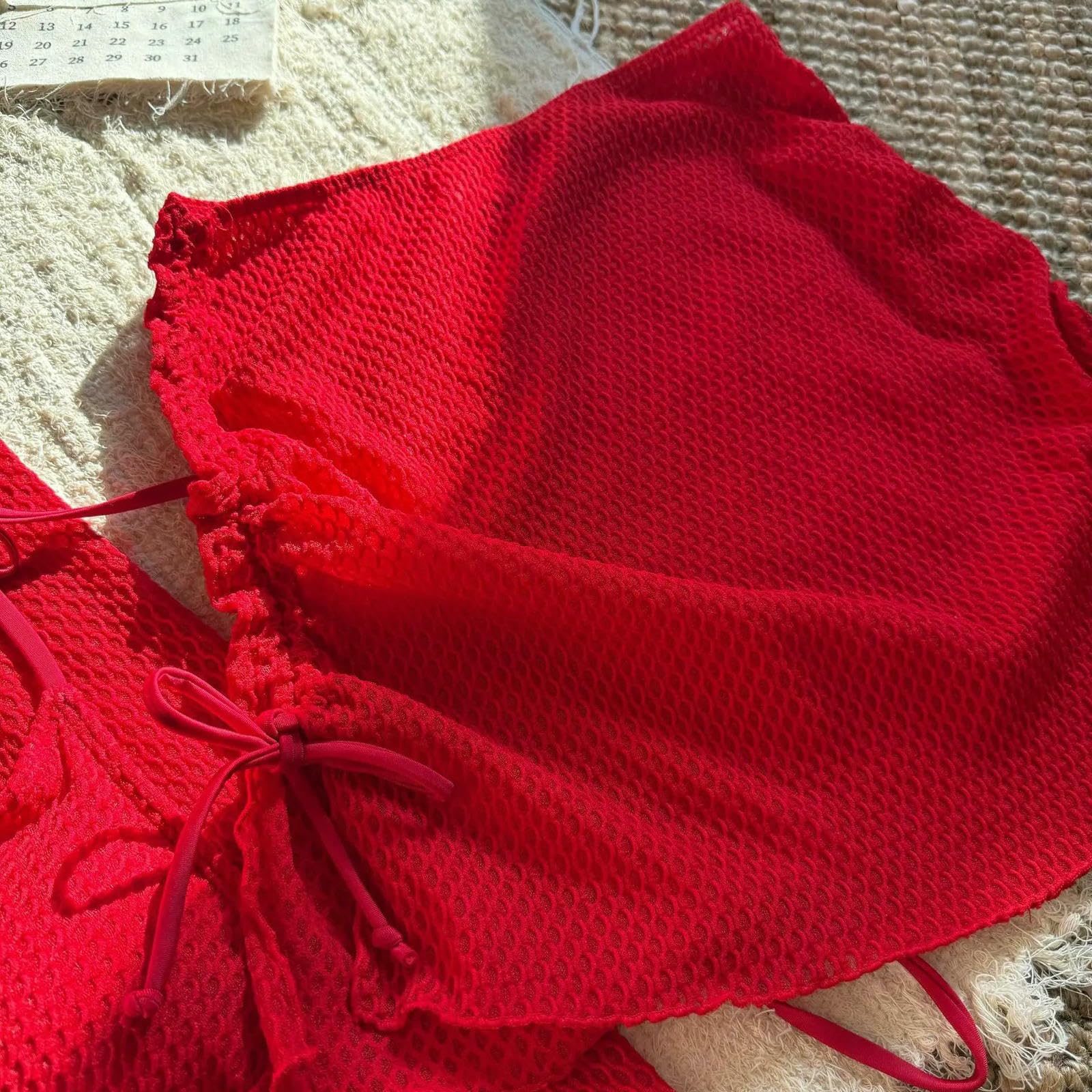 Costume Set di Bikini Rosso all'Uncinetto alla Moda - da Bagno Donna A 4 Pezzi Halter Triangolo con Top Manica Campana E Mini Gonna-Red-s