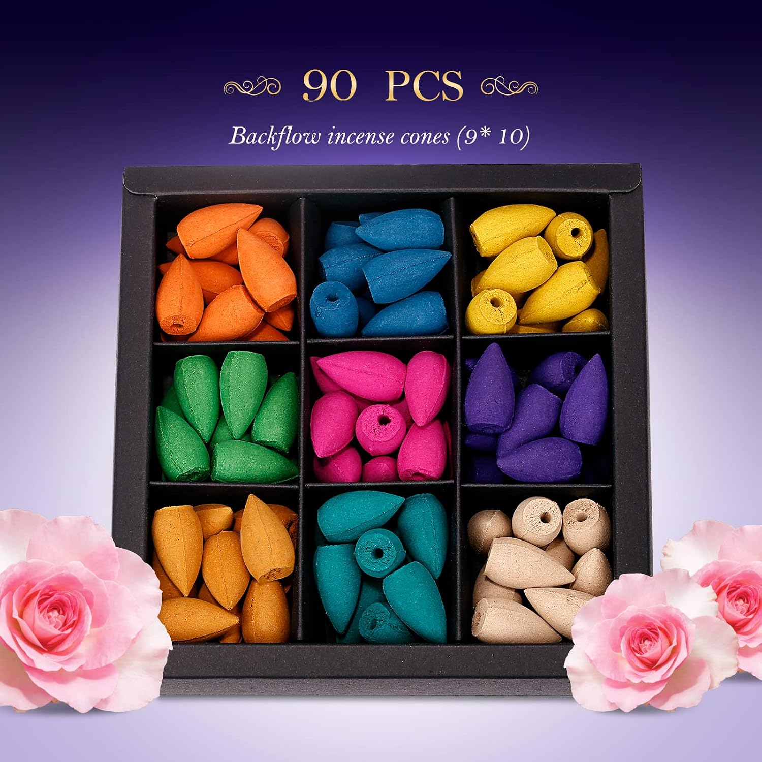 OTOFY 90 Pcs Backflow Incense Cones 9 Mixed Natural Scents 100% Natural Scents Waterfall Incense Rose Tulip Jasmine Lavender Rose for Backflow Incense Holder -Fits All Backflow Incense Burners