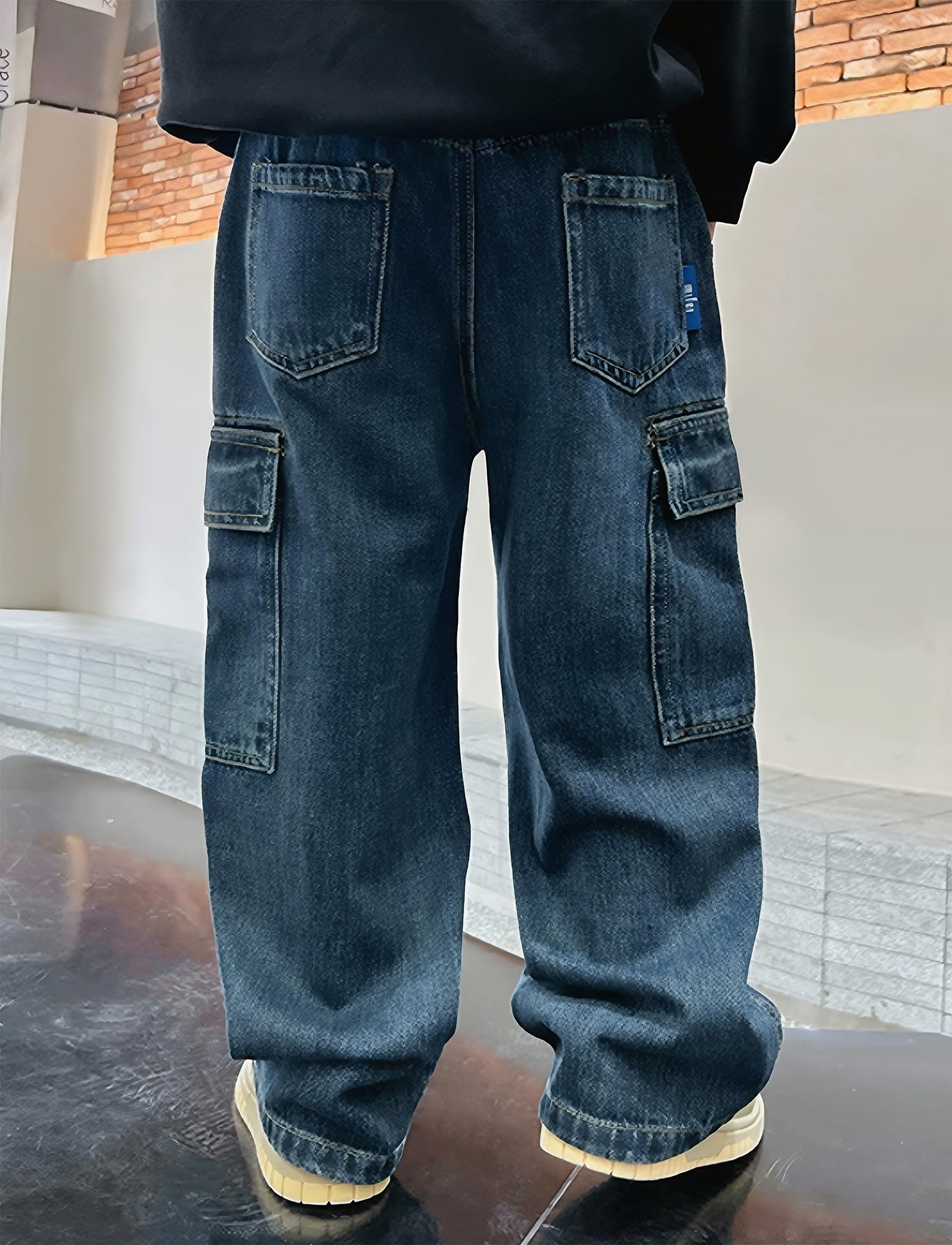 Happy Cherry Y2K Jean baggy pour garçon Taille élastique Pantalon cargo en denim avec plusieurs poches Pantalon vintage ample Streetwear pour enfants de 6 à 13 ans