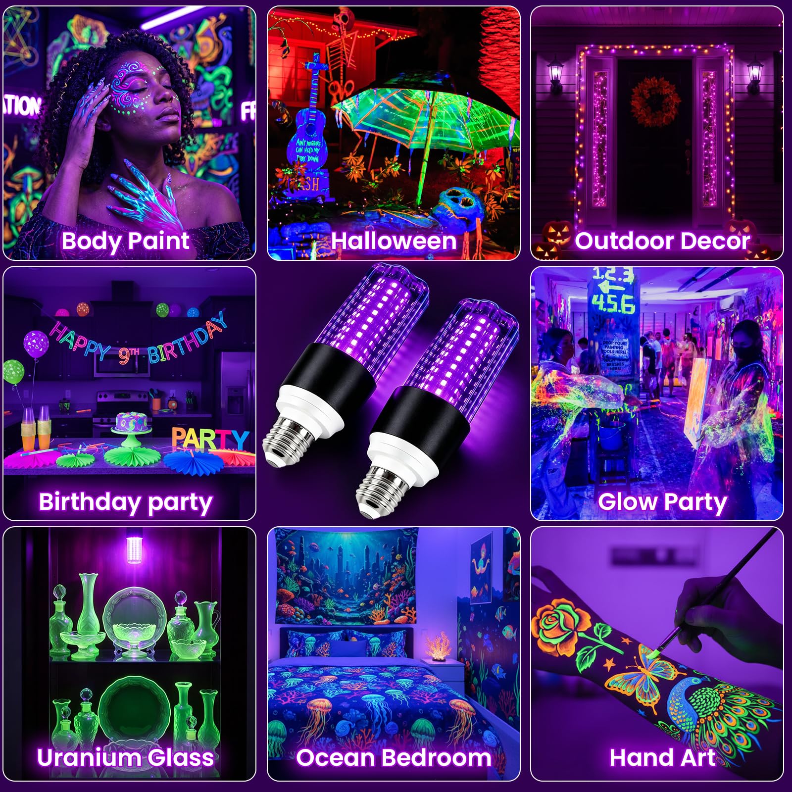 2 Stück UV Schwarzlicht Glühbirne, E27 UV Birne 15W Black Light Bulb, 395-400 nm UVA Level Schwarzlichtlampe, UV Beleuchtung für Party, Keller, Disco, Club -Schwarz