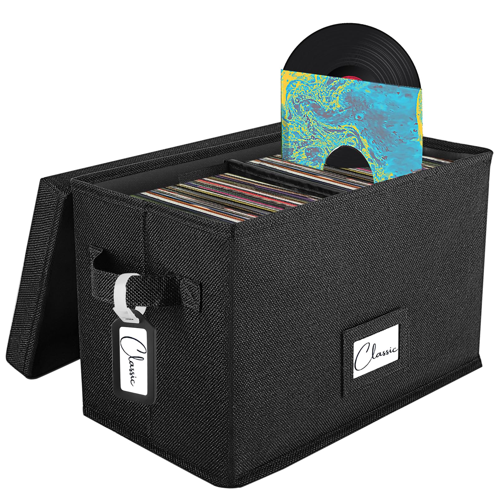 Woodoulogy Vinyl Record Storage Box for 7"/45 RPM LPs, Black Case with Lid Holds up to 80 Albums