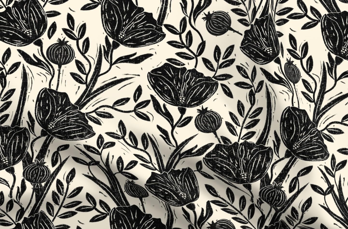 Spoonflower Fabric - Black Floral Retro Poppy Botanical Linocut Cottagecore Stamped Texture Printed on Petal Cotton Fabric Fat Quarter - Sewing Quilting Apparel Crafts Decor