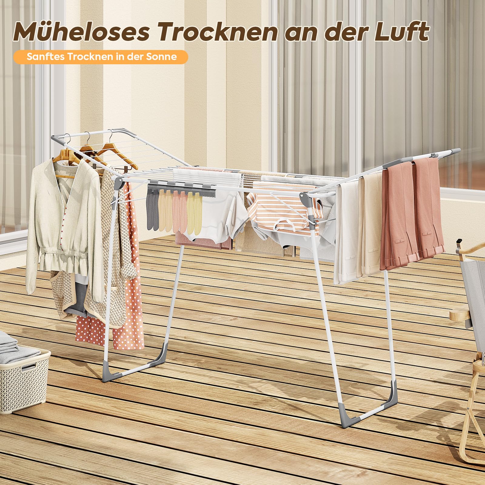 KINGBOARD Wäscheständer klappbar groß, Flügelwäscheständer ausziehbar 174x97x156 cm, Stabiler Wäschetrockner Ständer mit rutschfesten Füßen, Standtrockner faltbar für Innen und Außen, Weiß