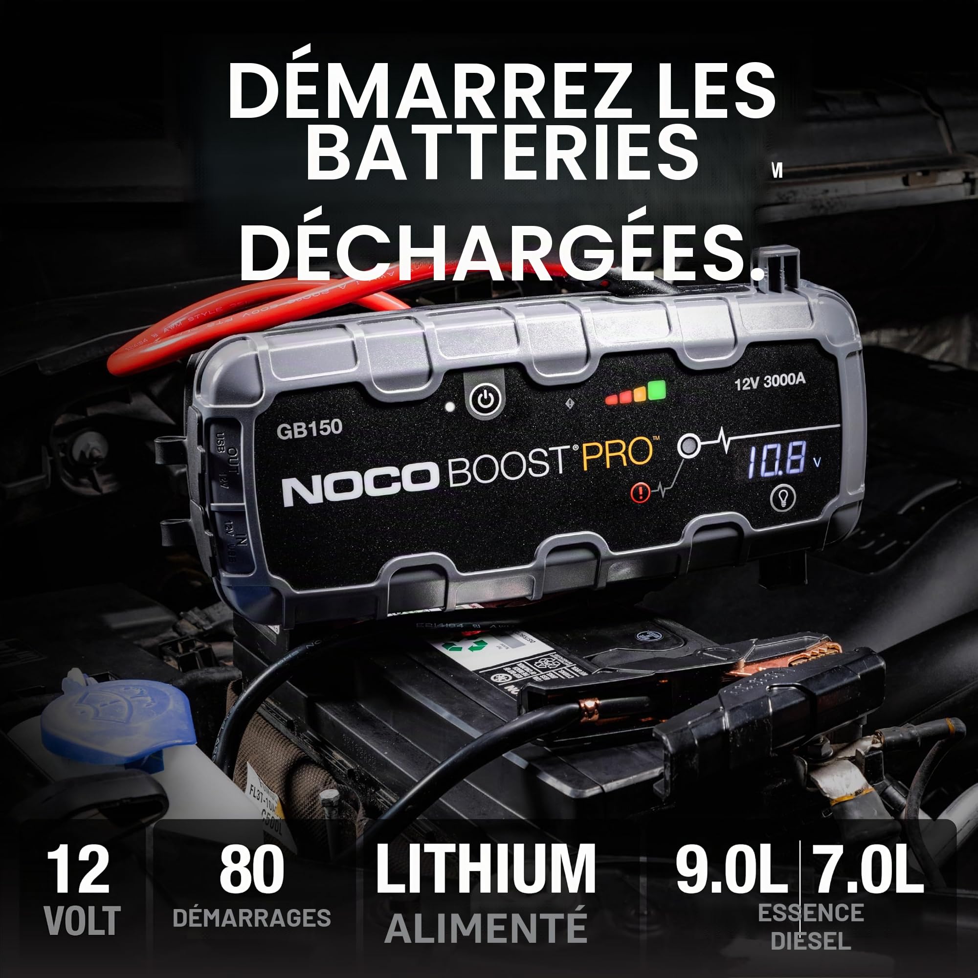 NOCO Boost GB150: Booster Batterie UltraSafe 3000A – Démarreur Lithium 12V Portable avec Powerbank et Chargeur USB – pour Moteurs Essence 9,0L et Diesel 7,0L