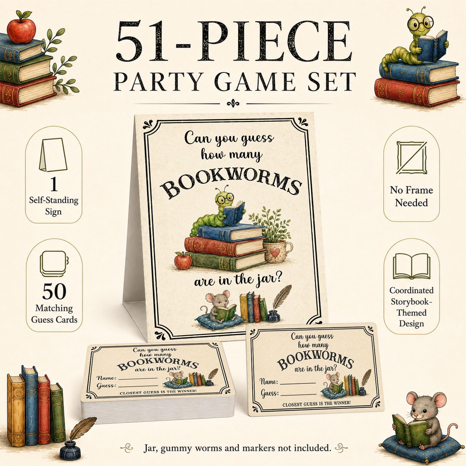 Guess How Many Bookworms Baby Shower Game, 50 Cards with Standing Sign
