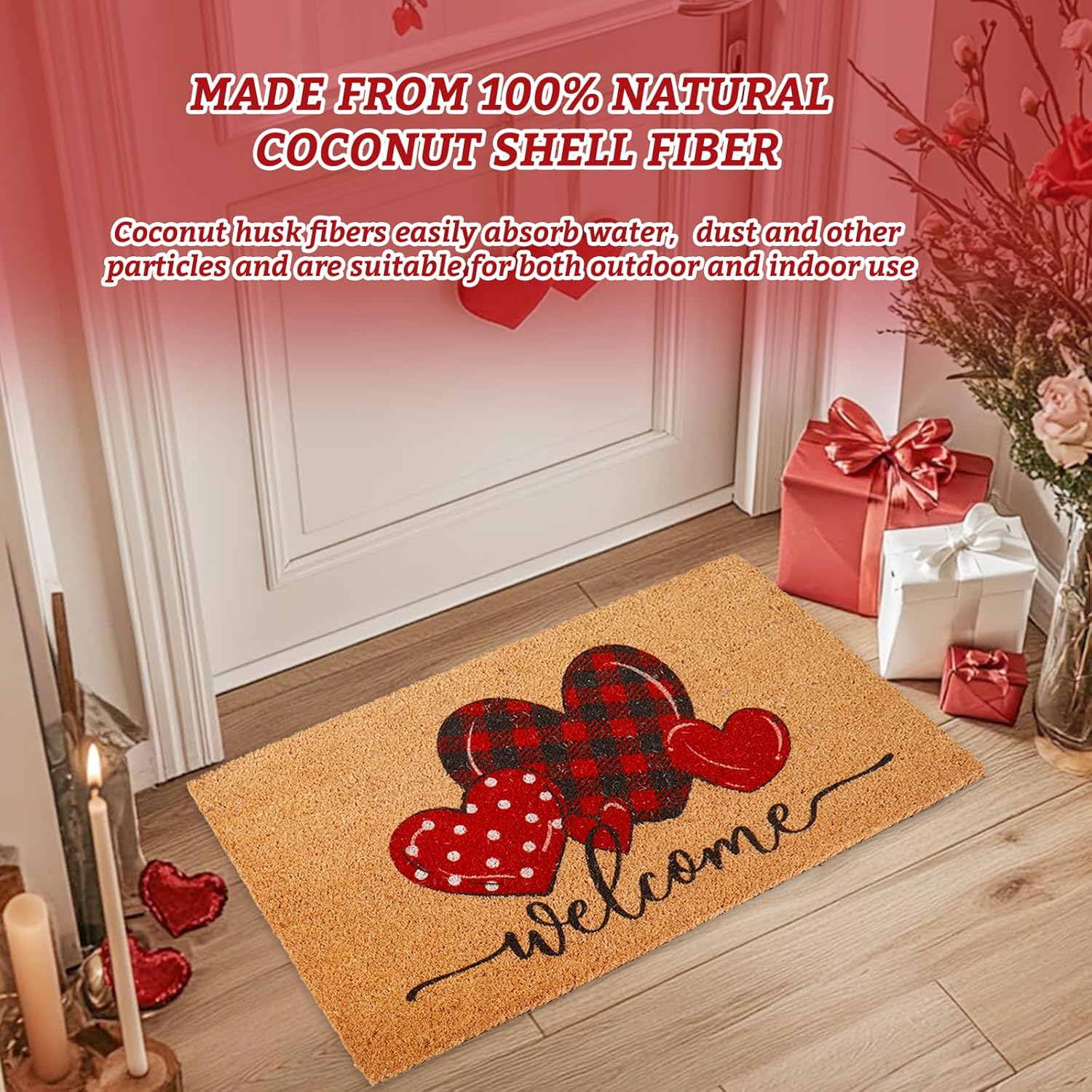 Whaline Valentine' s Day Doormat Natural Coir Welcome Floor Mat Plaid Dot Love Heart Rectangle Entrance Door Rug for Indoor Outdoor Home Bathroom Decor, 16.5 x 29 Inch