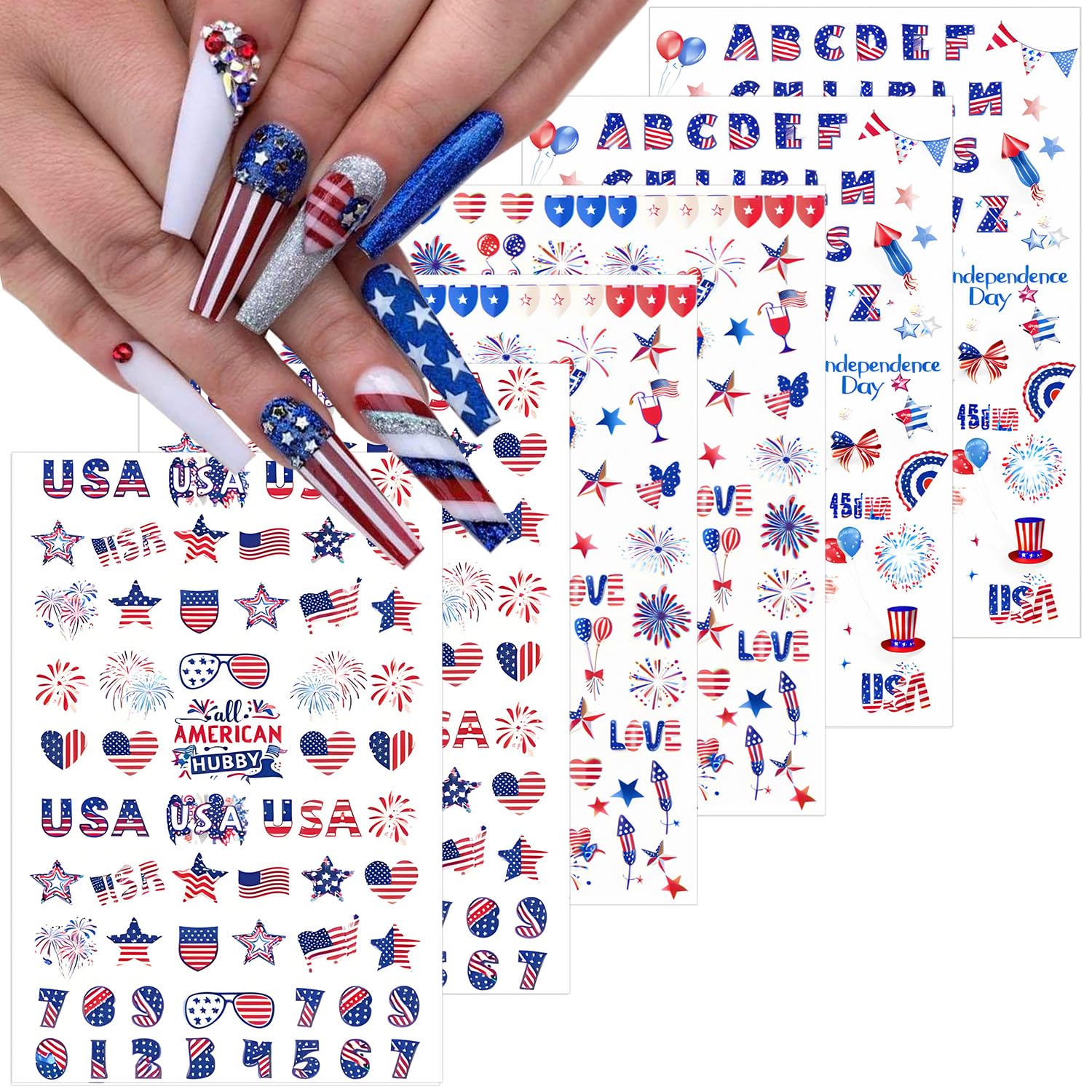 6 Sheets 4th of July Nail Stickers for Nail Art 3D Self-Adhesive Independence Day Nail Decals Star Heart American Flag Nail Design Stickers Patriotic