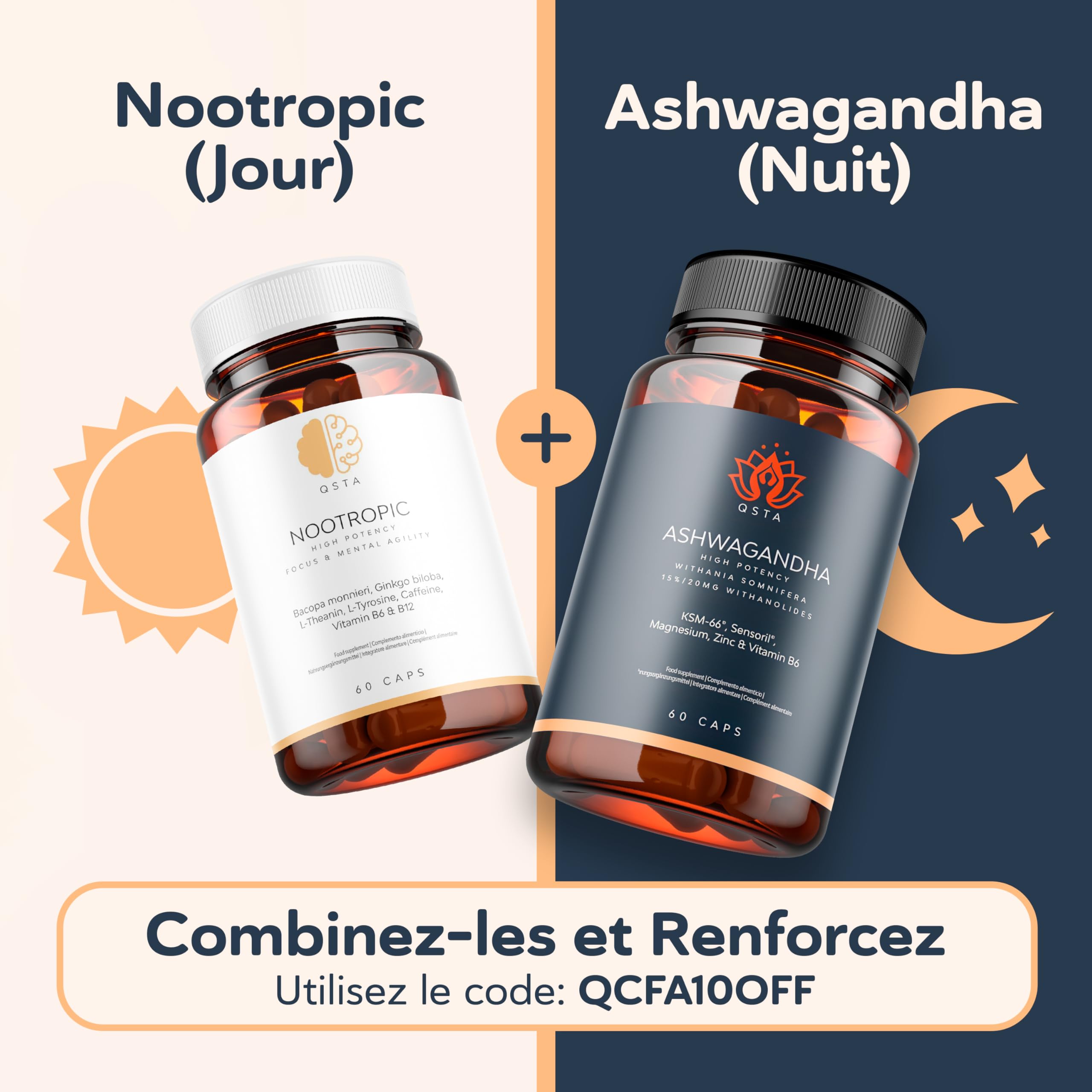 Ashwagandha KSM-66 + Sensoril (15-20% Withanolides) Adaptogène et Nootropique pour un Sommeil Profond, le Bien-être, l'Énergie, Cortisol | 2 mois