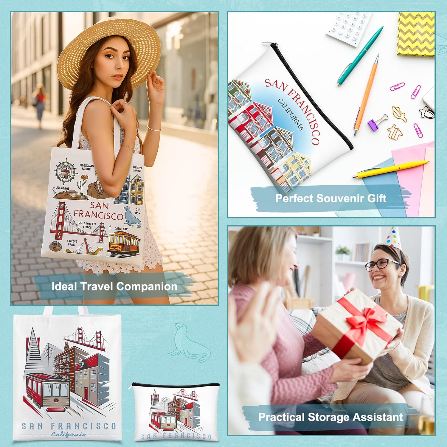 Reginary 6 Pcs City Souvenirs Gifts New York Italy Chicago Seattle Los Angeles Souvenir Canvas Tote Bag Cosmetic Bag Women - Image 2