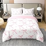 Erosebridal Pink and White Bow 100% Cotton Duvet Cover Twin Size, Cute Ribbon Dreamy Soft Bedding Set for Kids Girls Lady, Girly Bow Tie Comforter Cover for Bedroom, Bowknot Love Heart Bedclothes