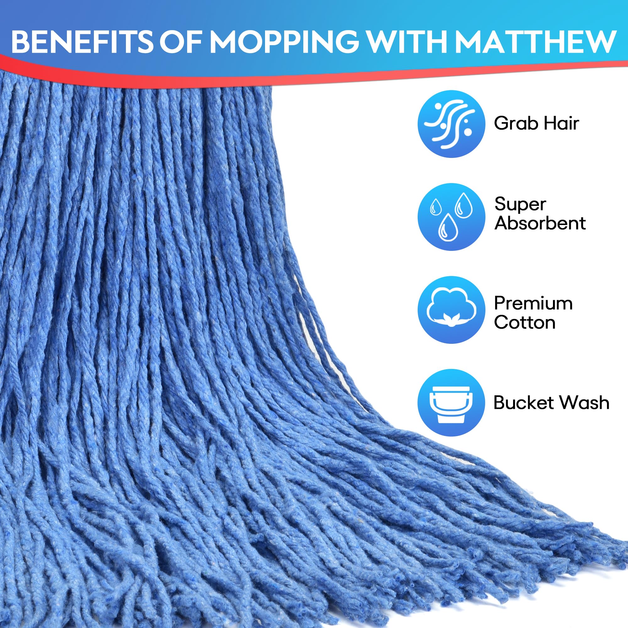 Matthew Cleaning - Juego de 6 trapeadores de algodón de 24 onzas, cuerda abierta de algodón, repuestos de cuerda resistente, repuesto universal de mezcla para diadema, cabezal de fregona de repuesto