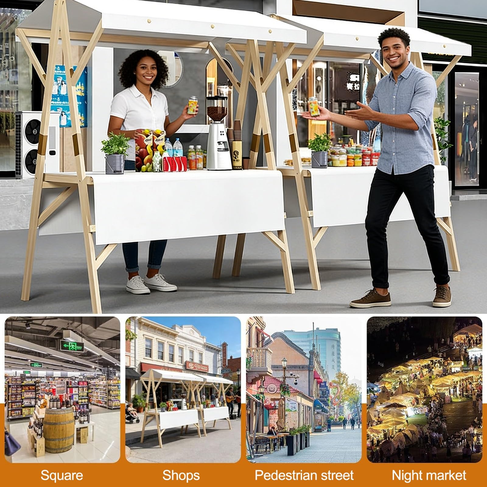 Carrito de mercado plegable con toldo, puesto de comida portátil al aire libre para vendedores ambulantes y eventos