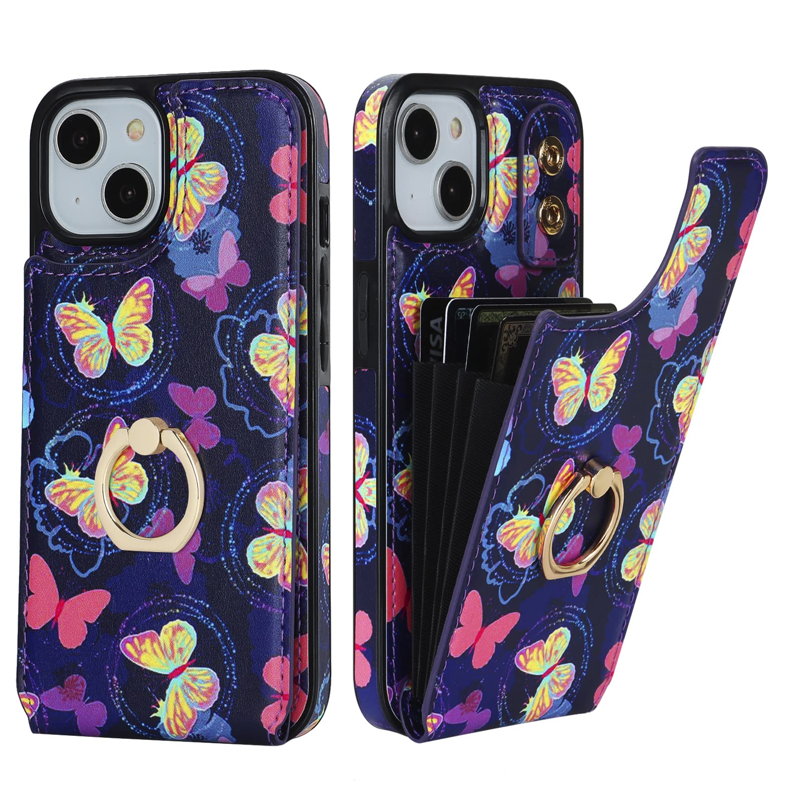 HAOPINSH for iPhone 13/ iPhone 14 Wallet Case with Card Holder, 360°Rotation Ring Kickstand, Pink Butterfly Pattern, RFID Blocking Leather for Girls