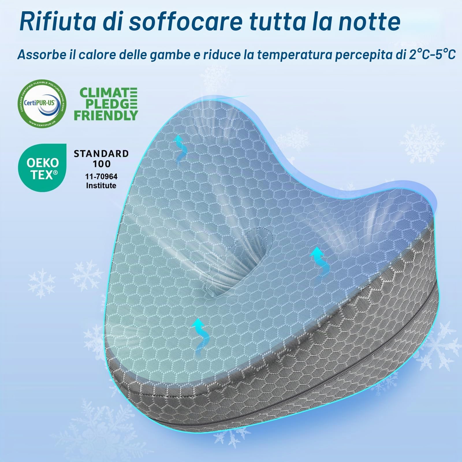 Cuscino Rinfrescante per Gambe e Ginocchia per Dormire sul Fianco, Cuscino Gambe Ergonomic in Memory Foam con Cinghia Elastica Federa Lavabile, Grigio