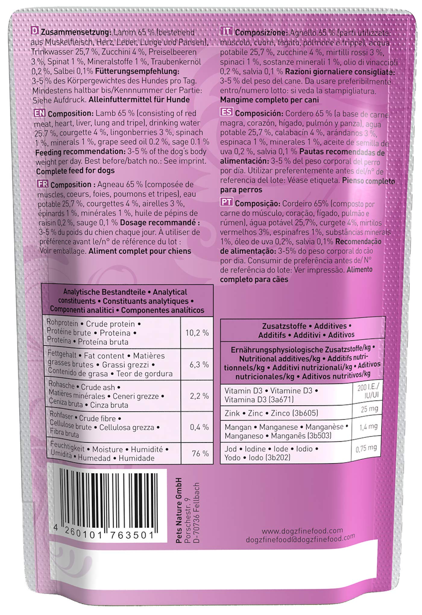 dogz finefood Hundefutter nass - N° 10 Lamm - Feinkost Nassfutter für Hunde & Welpen - getreidefrei & zuckerfrei - hoher Fleischanteil, 12 x 100 g Beutel