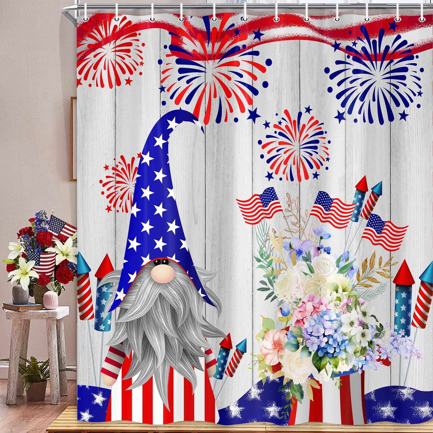 4th of July Shower Curtain, Cute Gnome Floral Patriotic American Flag Shower Curtain for Bathroom, Fourth of July Independence Day Shower Curtain Set Fabric Bathroom Decor with Hooks, 72Xx75