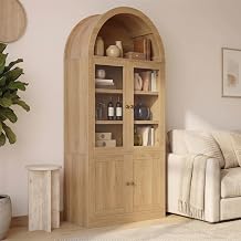 71 Tall Arched Storage Cabinet, Kitchen Pantry Sideboard with Tempered Glass Doors, 5-Tier Shelves and Door Organizer, Freestanding Display Cabinet for Bathroom, Living Room, Dining Room, Natural