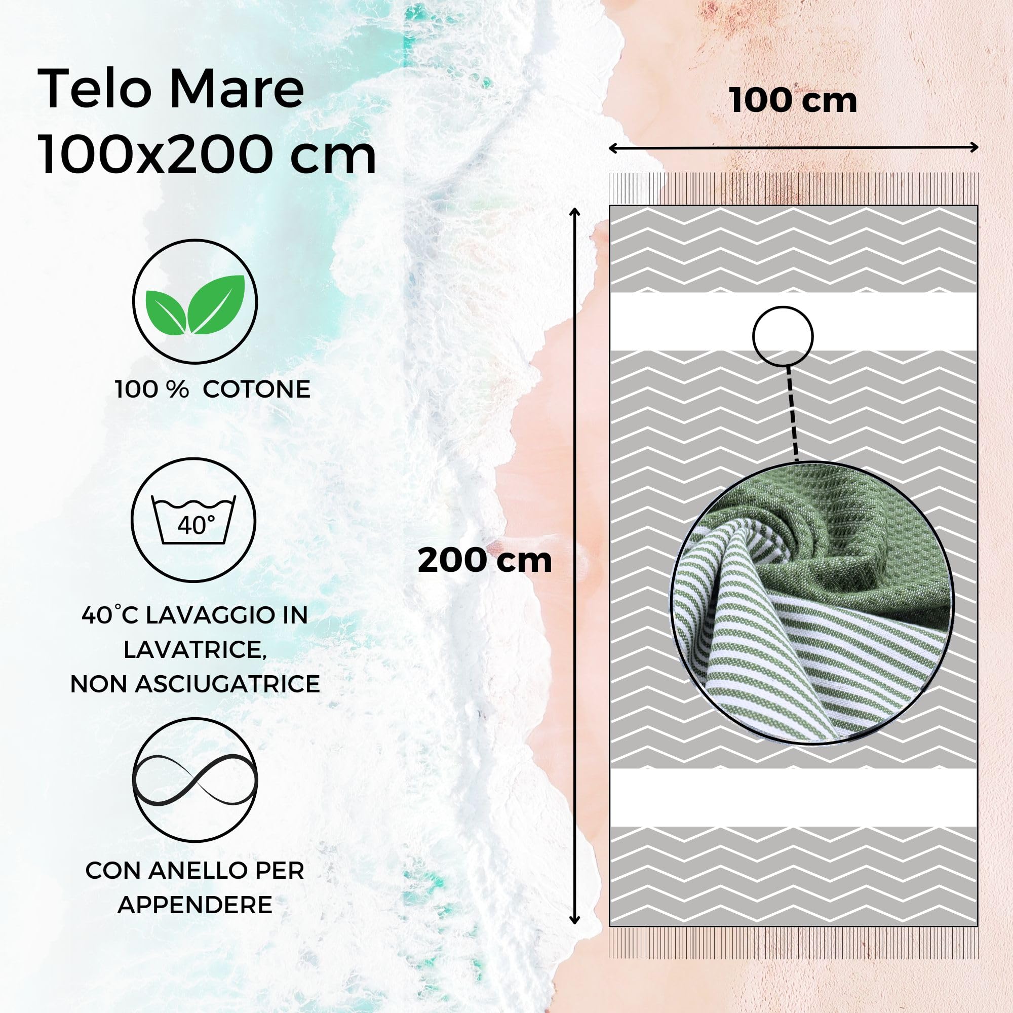 furora HOLIDAY Telo Mare Cotone - Grande 200x100 cm - Ultra Leggero - Asciugatura Rapida | Asciugamano Mare Donna e Uomo: Facile da Pulir - multifunzionale per Spiaggia, Piscina, Viaggio, Outdoor