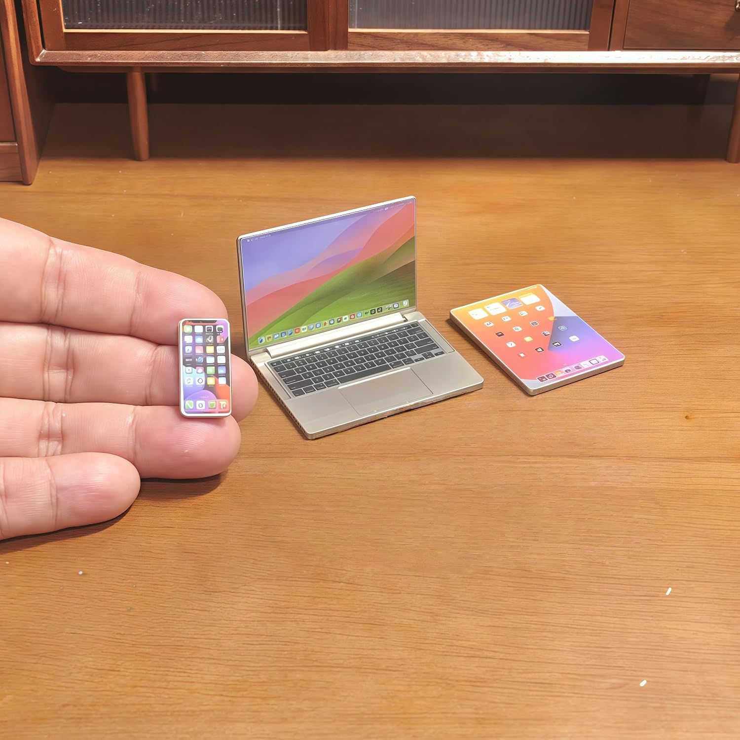 Dollhouse Decoration Miniature Accessories Dollhouse Worlds Smallest Computer Laptop Tablet Phone Simulation Accessories for Doll 1:6 1:12 Miniatures Play Set (Titanium Colour)