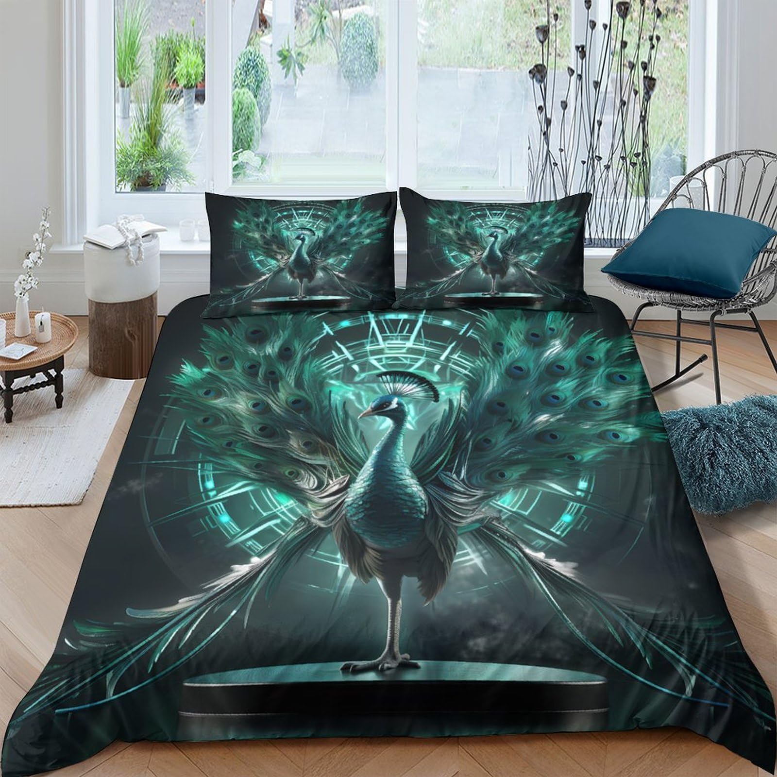 Ctjqhvkz Style-6 3D Printed Peacock Art Fitted Sheet Microfiber Soft Breathable Teal Feathers Bed Cover For Bedroom Guest Room Decor Single（135X200cm）