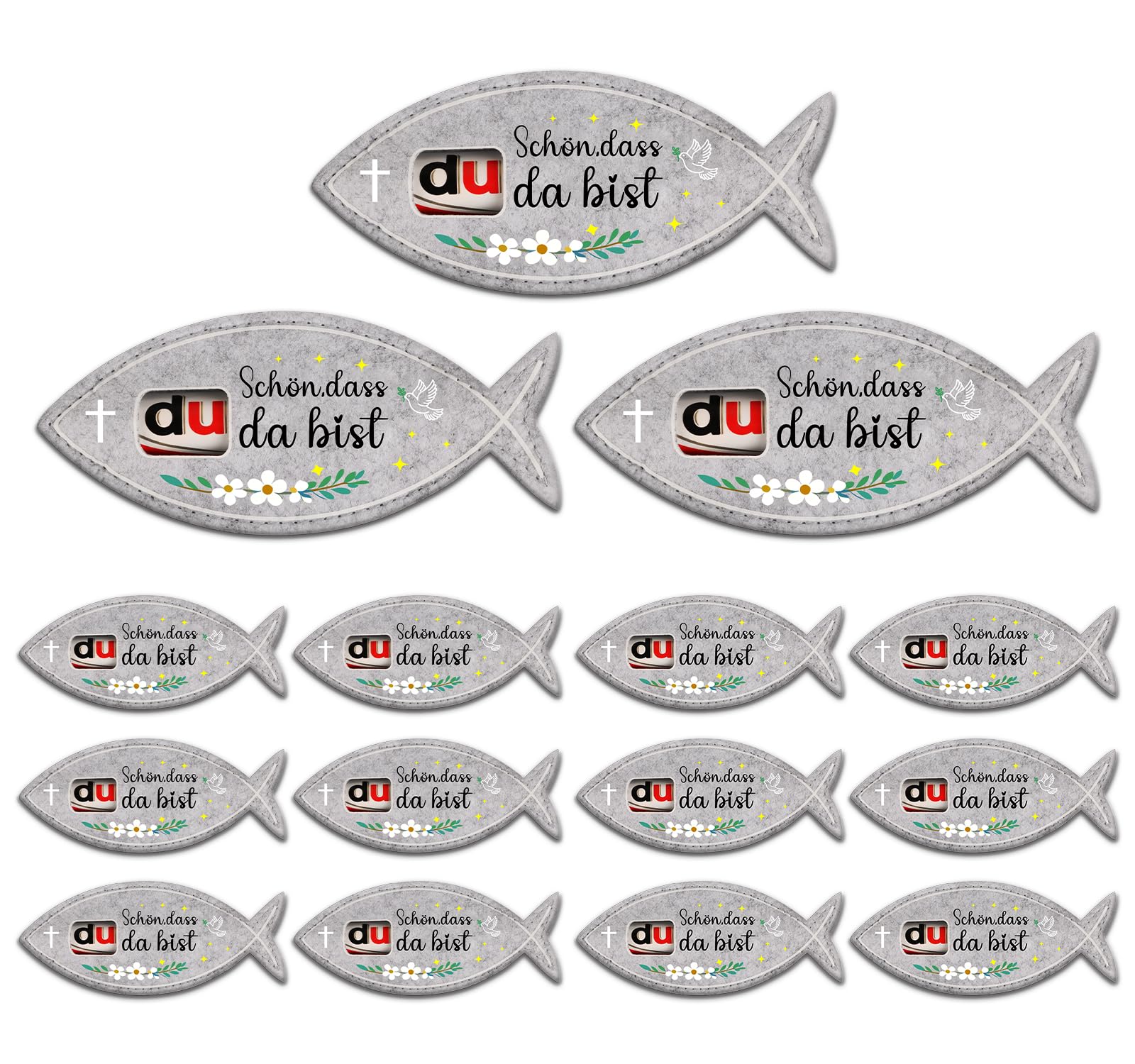 Giftota 15 Pcs Gastgeschenke Taufe– Fisch Duplo geschenk Filz Verpackung, Gastgeschenk für Taufe, Firmung junge mädchen – „Schön, dass du da bist“ Dankeschön geschenke, ohne Schokolade(grau)